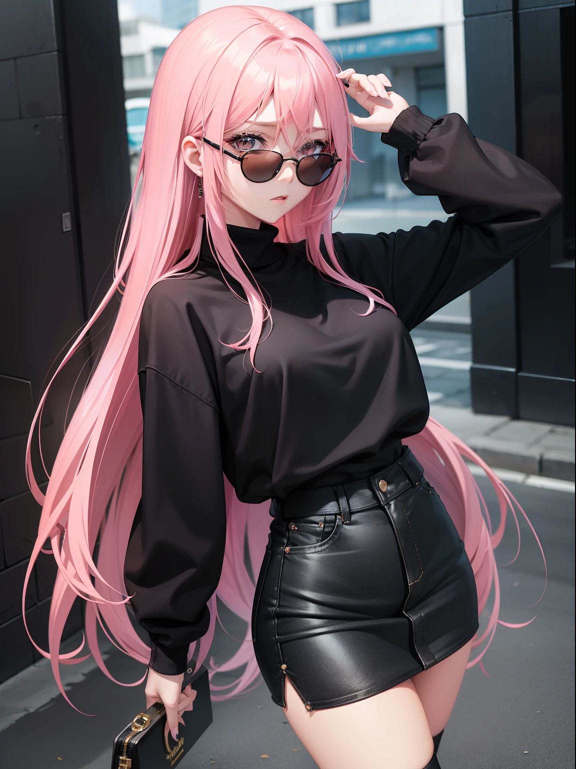 Leader of Runaway Bad Girl, Long Black Jumper, a cool、Lunette de soleil、Skin Jean Miniskirt, Semi-long pink hair, Looking at the viewer, Front view,