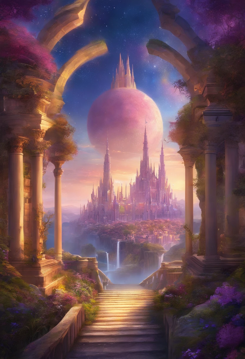 uma cidade celestial com toda sua magnitude, com castelos, pontes e lagos, com jardins magnificos, um lugar celestial,morada de Deuses, com colunas gregas
