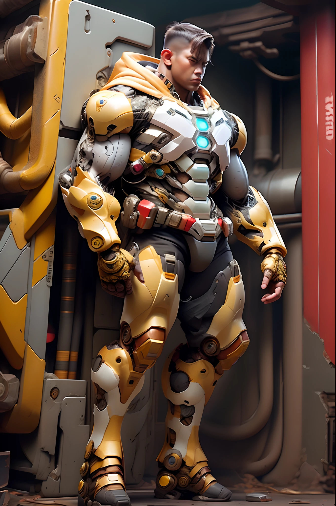 Action pose, buzz lightyear, bulky, very muscular, wearing ironman exo suit, black and gold color, damage, broken, showing wiring and pipe on suit