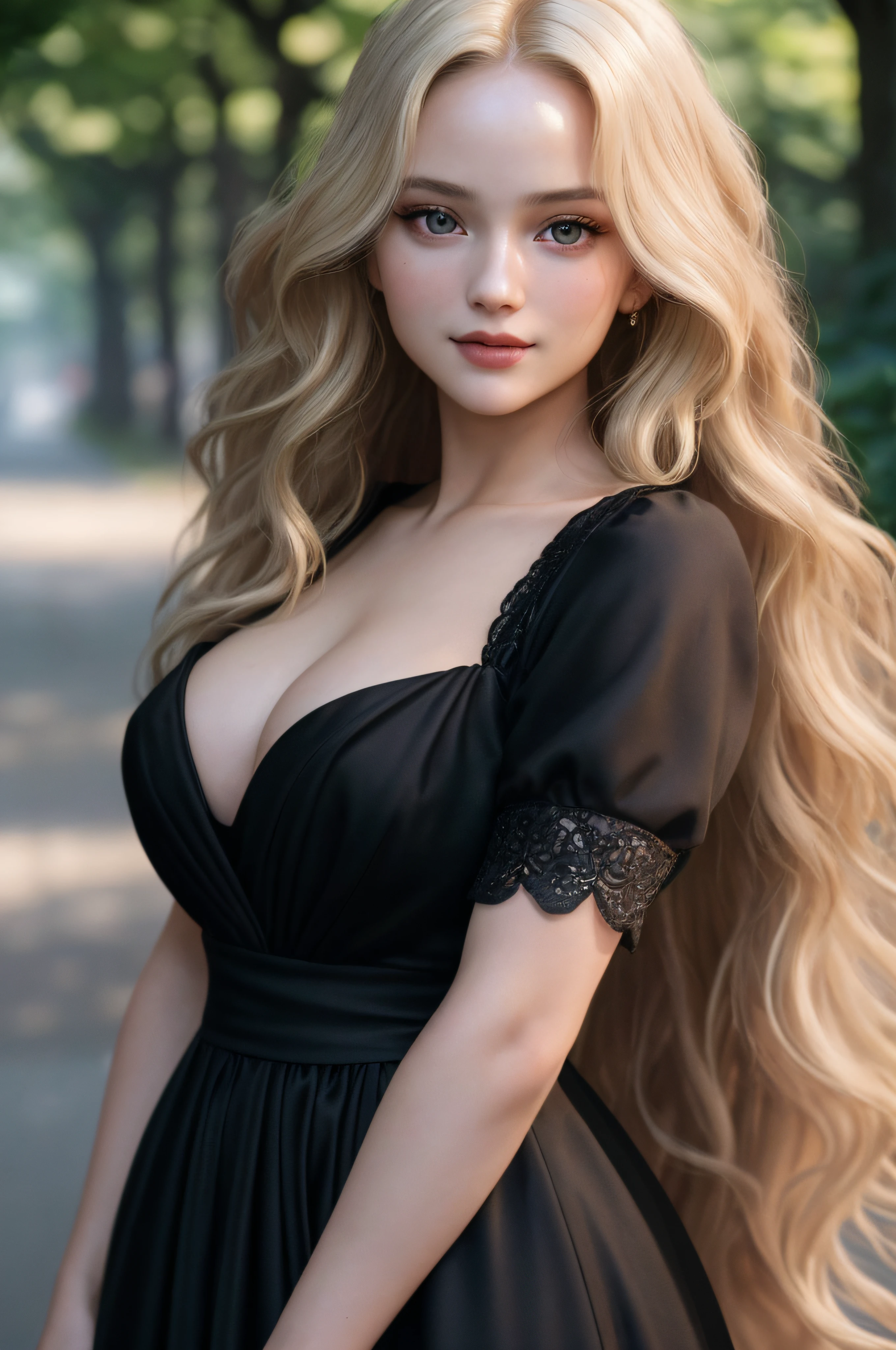 (8k, RAW photo, photorealistic),high contrast, portrait photography, close up, masterpiece, 20 years old woman, wavy long silky blonde hair, Black lipstic, Black colored lipstic, symetrical face, Most beautiful women, Goddess like beauty, clears facial expressions, subtle smile, stunning women, elegant dress, in middle of avenue, 35 mm, DLSR, film grain, cinematic, intricate details, 4K, 8k, hd