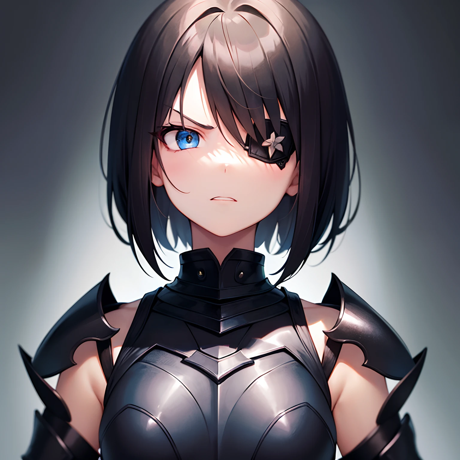 1girl, short black hair, bob cut, blue eyes, black eyepatch, medium breast, black armor, portrait, simple background, furious expression, looking at the camera, from the front, 4k