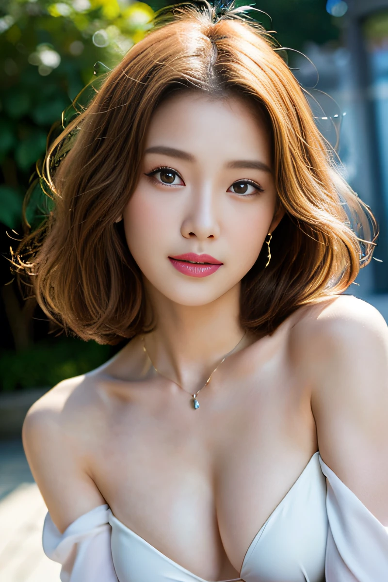 (best quality, 8k, masterpiece, UHD, ultra high res, photo realistic:1.2), (high detail RAW color photo), 1girl, symmetrical, (realistic skin), (highly detailed face), extremely beautiful face, shiny skin, extremely detailed skin, detailed eyes, (lie on your back), slender waist, thighs, (off shoulder bikini), blonde hair, the cinematic lighting, smile, happy, eye light, necklace,