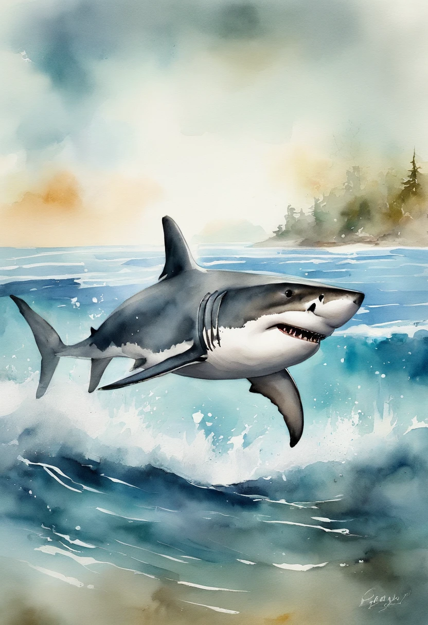 Laid back great white shark,Swim in the sea,Flick your tail,Curved body,Deep sea background,