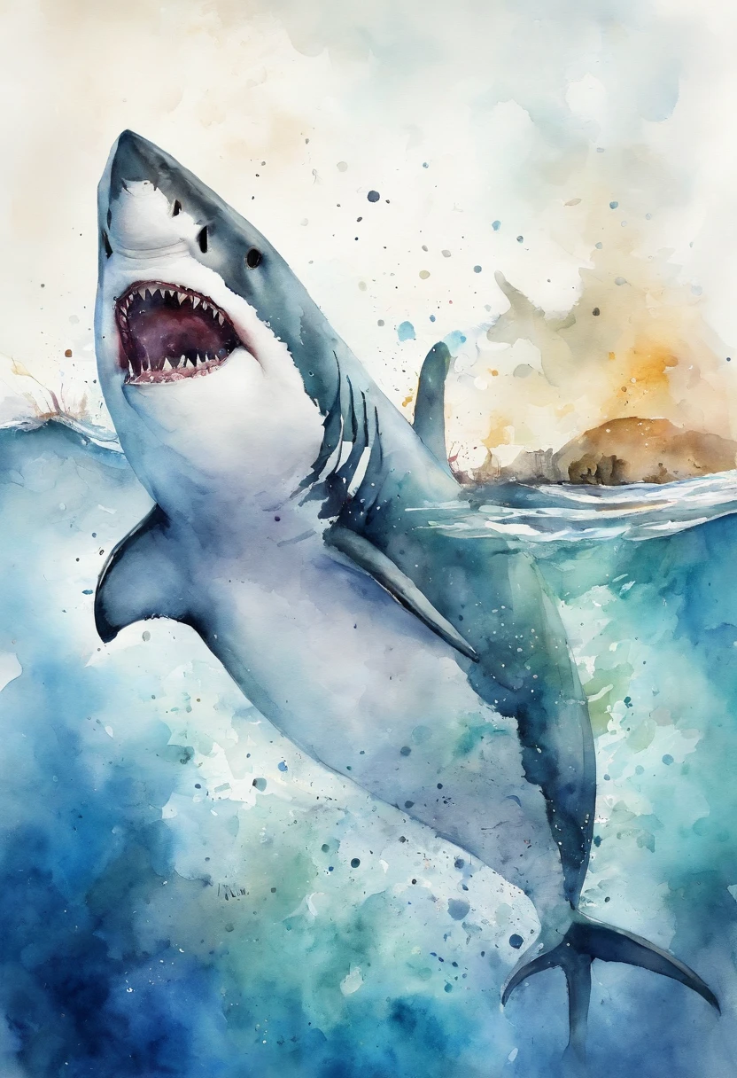 Laid back great white shark，Swim in the sea，Flick your tail，Curved body，Deep sea background，