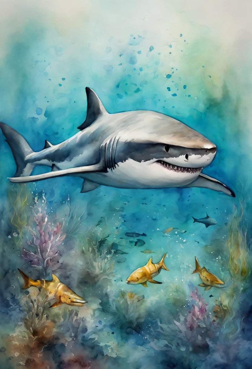 Laid back great white shark,Swim in the sea,Flick your tail,Curved body,Deep sea background,