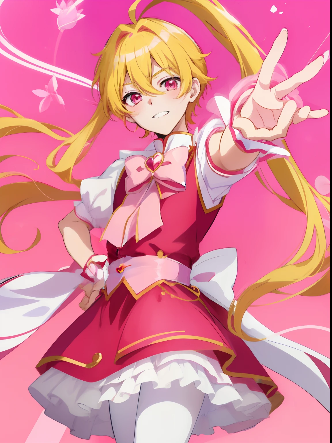 Anime boy in red dress with pink bow and pink heart, Portrait of a magical boy, Prince in anime, Magical Boy Anime Mahou Shōnen, Blonde long twin-tailed hair man, Candy Boy, Magical Boy, Dress Up Darling Anime, white glove, Magical Boy Style, Cool, marin kitagawa fanart, official artwork