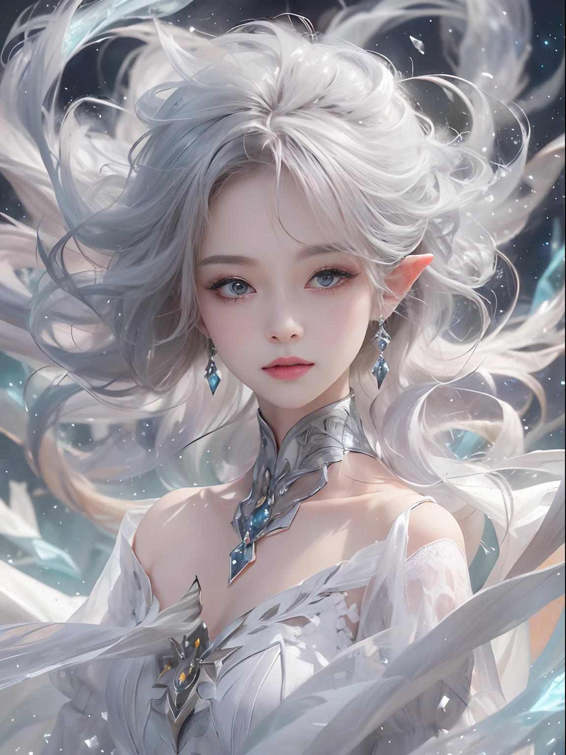 (masterpiece、Highest品質、Highest、Official Art、Beautiful and aesthetic、Long Exposure:1.2)、Smooth movement、Attractive patterns、One Girl、(Long dress with sleeves:1.3)、(((White clothes)))、Upper body close-up、Exposing shoulders、Korean Girls、smile、Light purple long hair、Portraiture、solo、Upper body、Looking at the observer、Detailed Background、Detailed face、(Crystallized AI、Crystal Theme:1.1)、Elemental Wind Elf、回転Wind、 Wind、White crystal clothes、Off the shoulder、Dynamic pose、Suspended particles、Aether Dynamics、旋Wind、vapor、背景に旋Wind、White Tone、旋Wind、Ethereal atmosphere、
