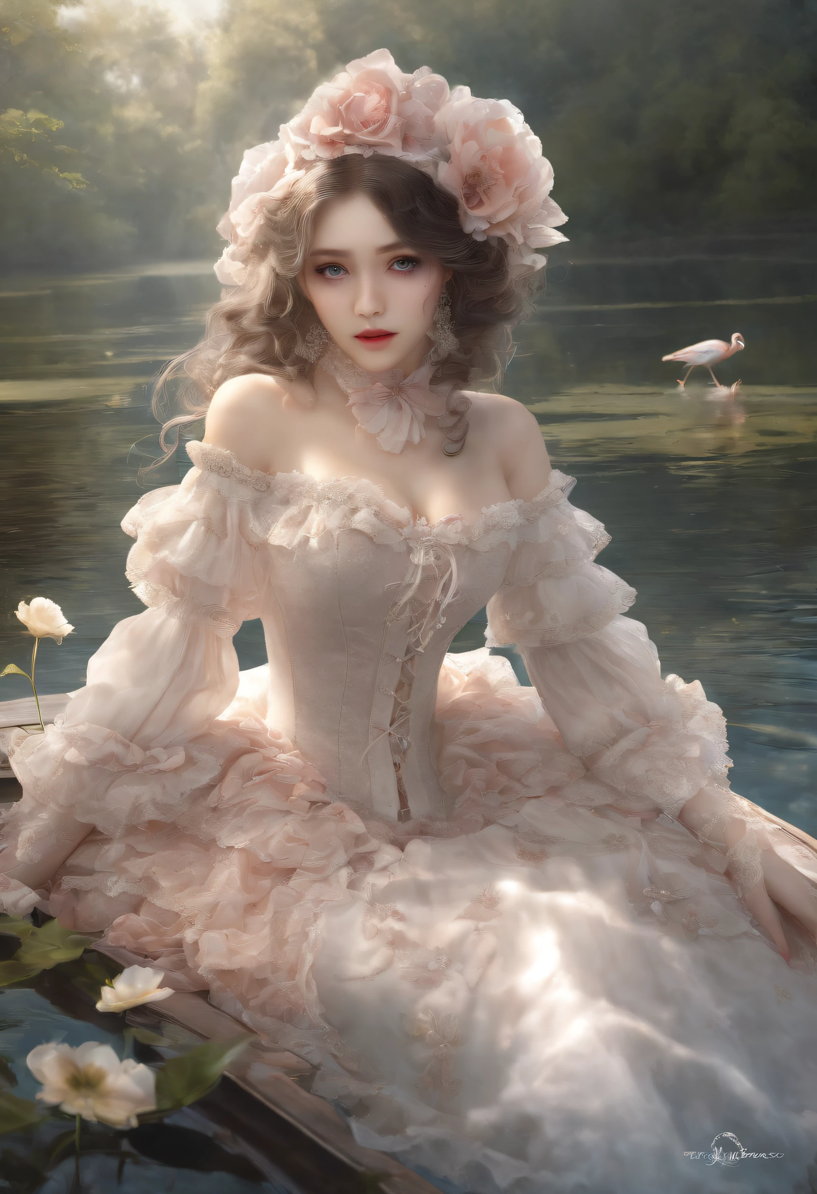 (lingerie:1.3), Takanobu Fujiwara(Takanobu Fujiwara)Digital rendering inspired by, pixiv, rococo, Victoria Gothic Lolita Fashion, Lolita Style,lolita fashion, one-piece,She is swimming in the lake,petticoat,zombie