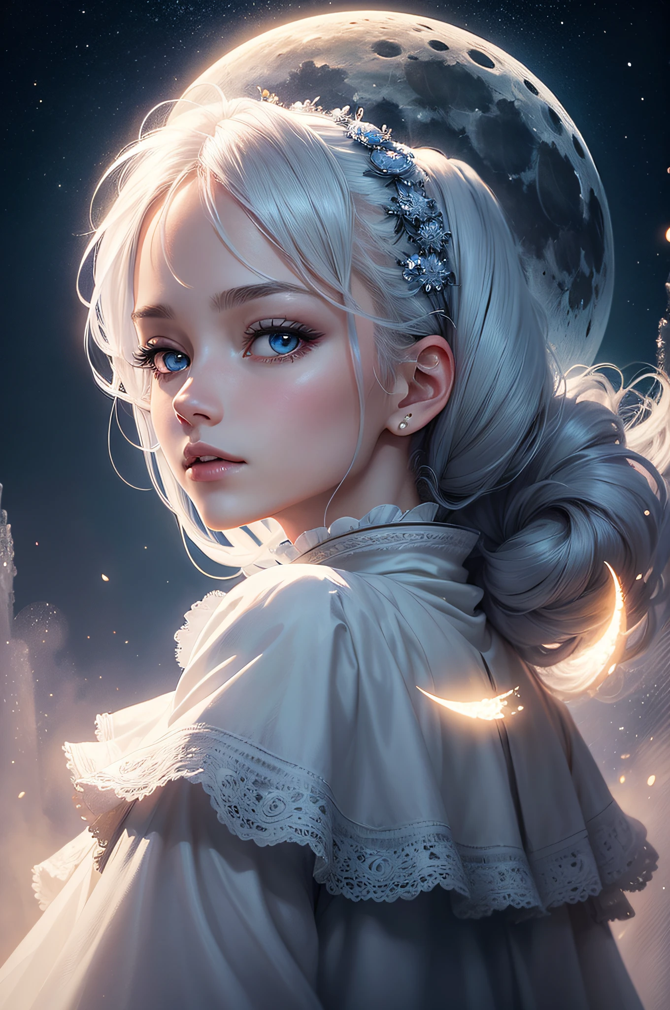 Masterpiece, (Best Quality: 1.2), (Super Fine: 1.2), Illustration, (Extremely Delicate and Beautiful: 1.2), Film Angle, Floating, (Beautiful Detail Eye: 1.1), (Detail Light: 1.1), Film Lights, Delicate Sky, Woman, White Hair, Blue Eyes, (High Ponytail: 1.1), Cloak, Glowing Eyes, (Moon: 1.2), (Moonlight: 1.1), Starry Sky, (Light Particles: 1.1), Fog , snow painting, sketching, blooming