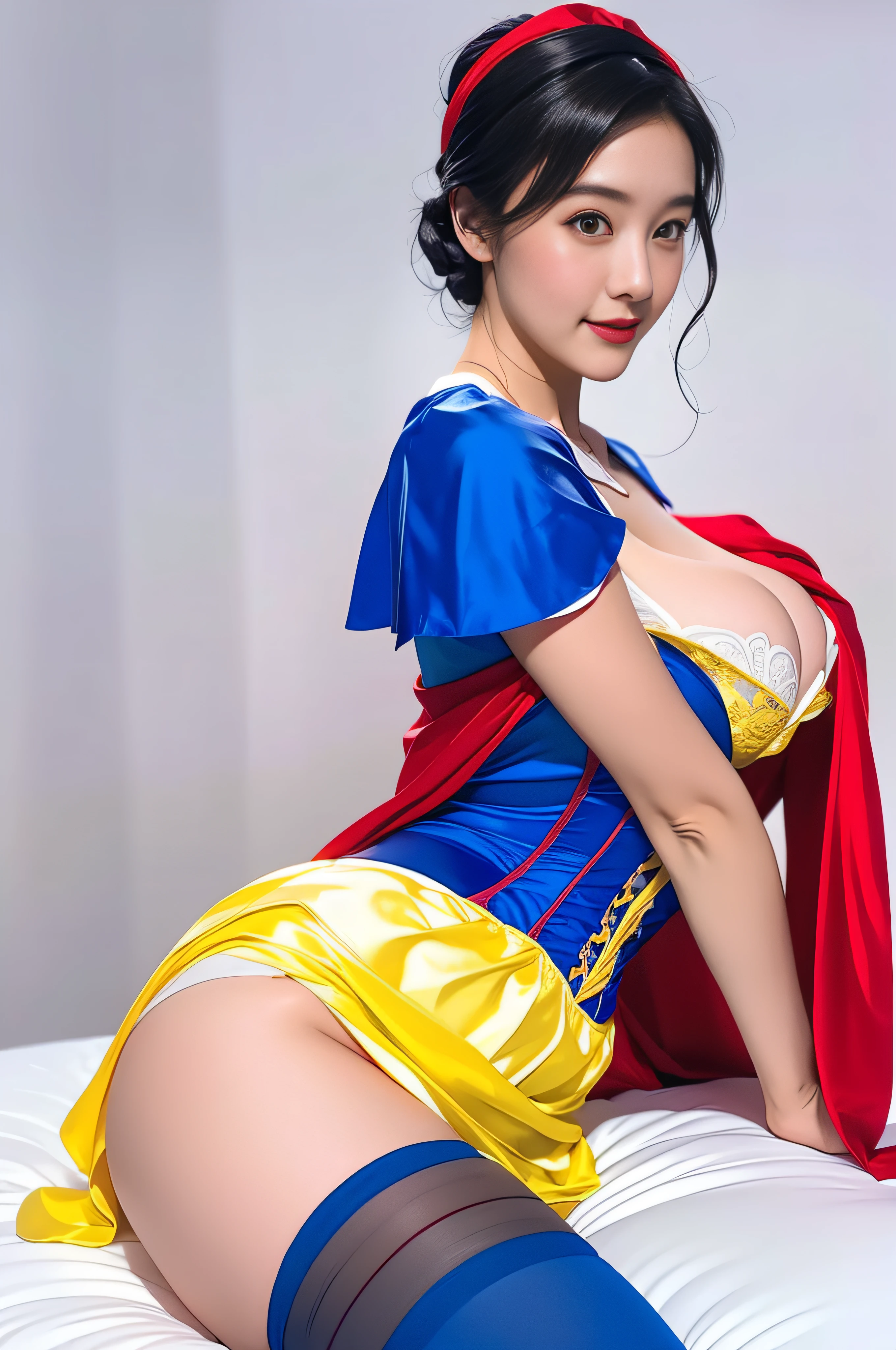 Beautiful Japanese woman, wearing snow white cosplay, blue silk corset, red silk cape, yellow silk pleated skater skirt, white leggings, black bob hair, red hairband , silk panties, large breasts, masterpiece, photorealistic, amazingly detailed face, maximum resolution,