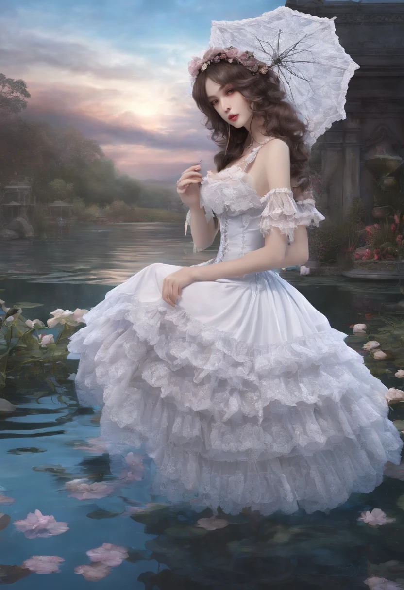 (lingerie:1.3), Takanobu Fujiwara(Takanobu Fujiwara)Digital rendering inspired by, pixiv, rococo, Victoria Gothic Lolita Fashion, Lolita Style,lolita fashion, one-piece,She is swimming in the lake,petticoat,zombie