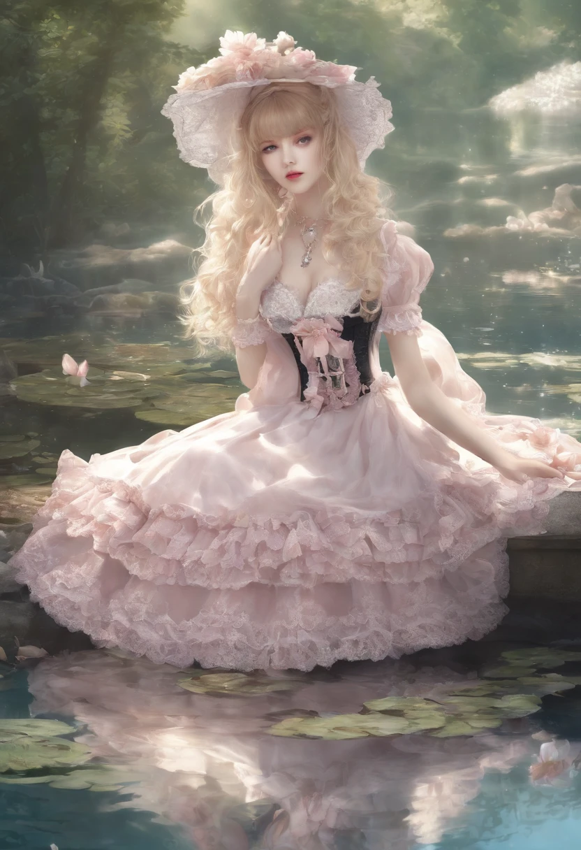 (lingerie:1.3), Takanobu Fujiwara(Takanobu Fujiwara)Digital rendering inspired by, pixiv, rococo, Victoria Gothic Lolita Fashion, Lolita Style,lolita fashion, one-piece,She is swimming in the lake,petticoat,zombie