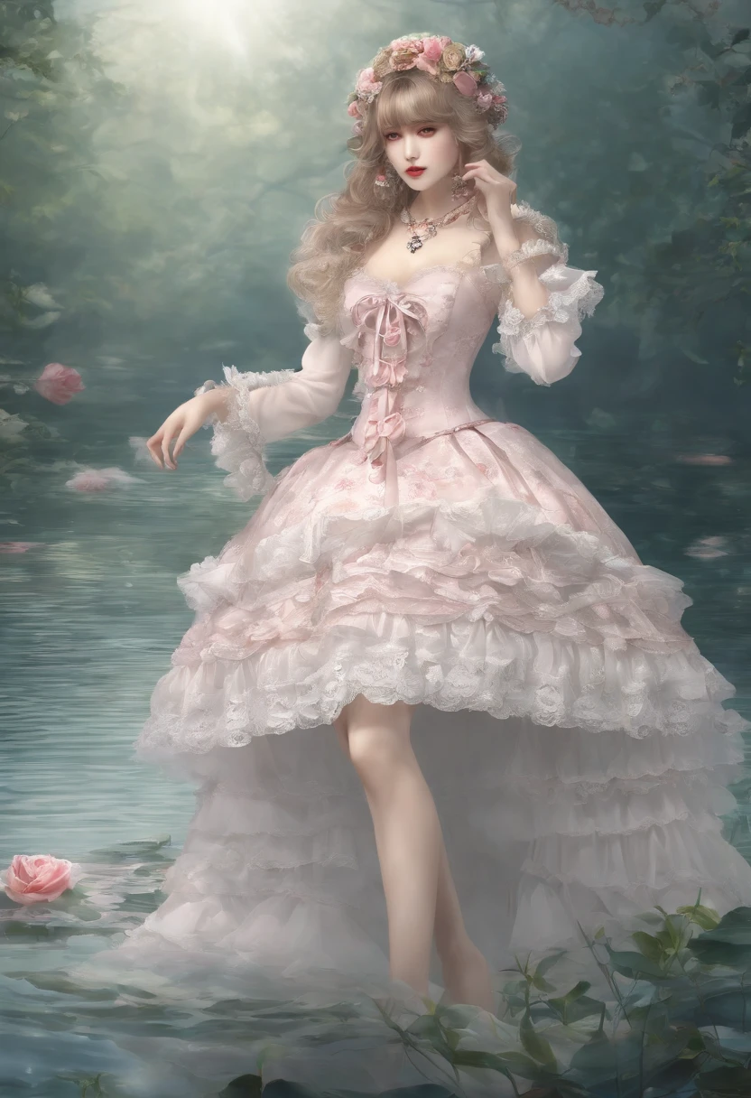 (lingerie:1.3), Takanobu Fujiwara(Takanobu Fujiwara)Digital rendering inspired by, pixiv, rococo, Victoria Gothic Lolita Fashion, Lolita Style,lolita fashion, one-piece,She is swimming in the lake,petticoat,zombie