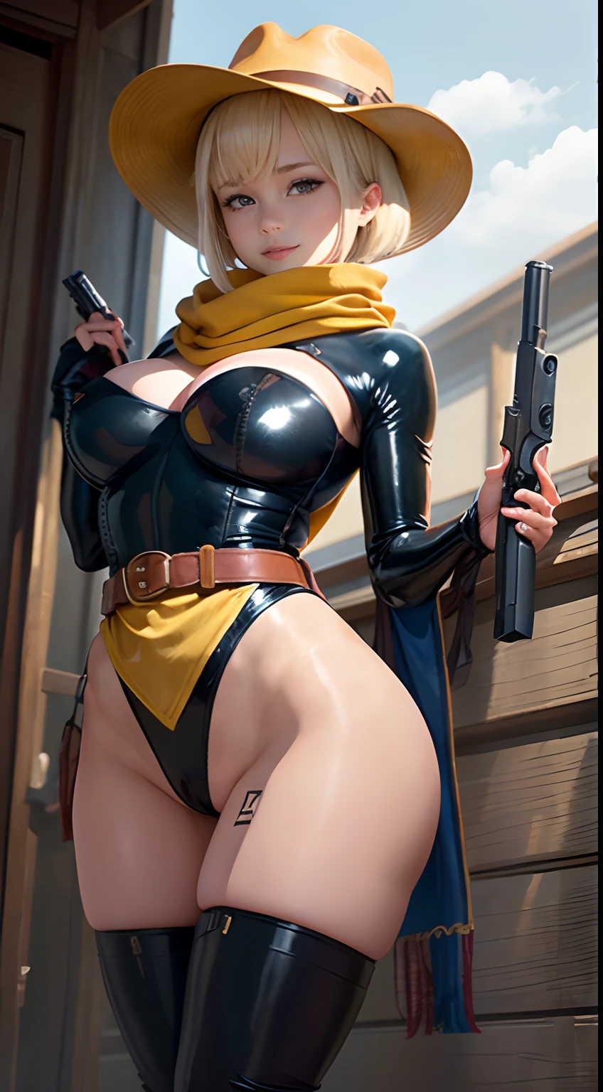 NSFW、top-quality、Top image quality、8K picture quality、gunman、girl with、1 persons、full-shot、blonde hair、a pixie cut、brown cowboy hat、A smile、Embarrassing、red blush、Blue eyes、Slightly sagging eyes、((Yellow scarf around the neck))、Colossal tits、(Dark blue latex)、High Neck Leotard High Leg、Beautiful thighs、(Black latex)、knee high、(Brown enamel)、long boots、(pin heels)、(White enamel gloves)、((Gun belt at waist))、(There is a gun on the belt)、Straddling a horse、Wasteland、