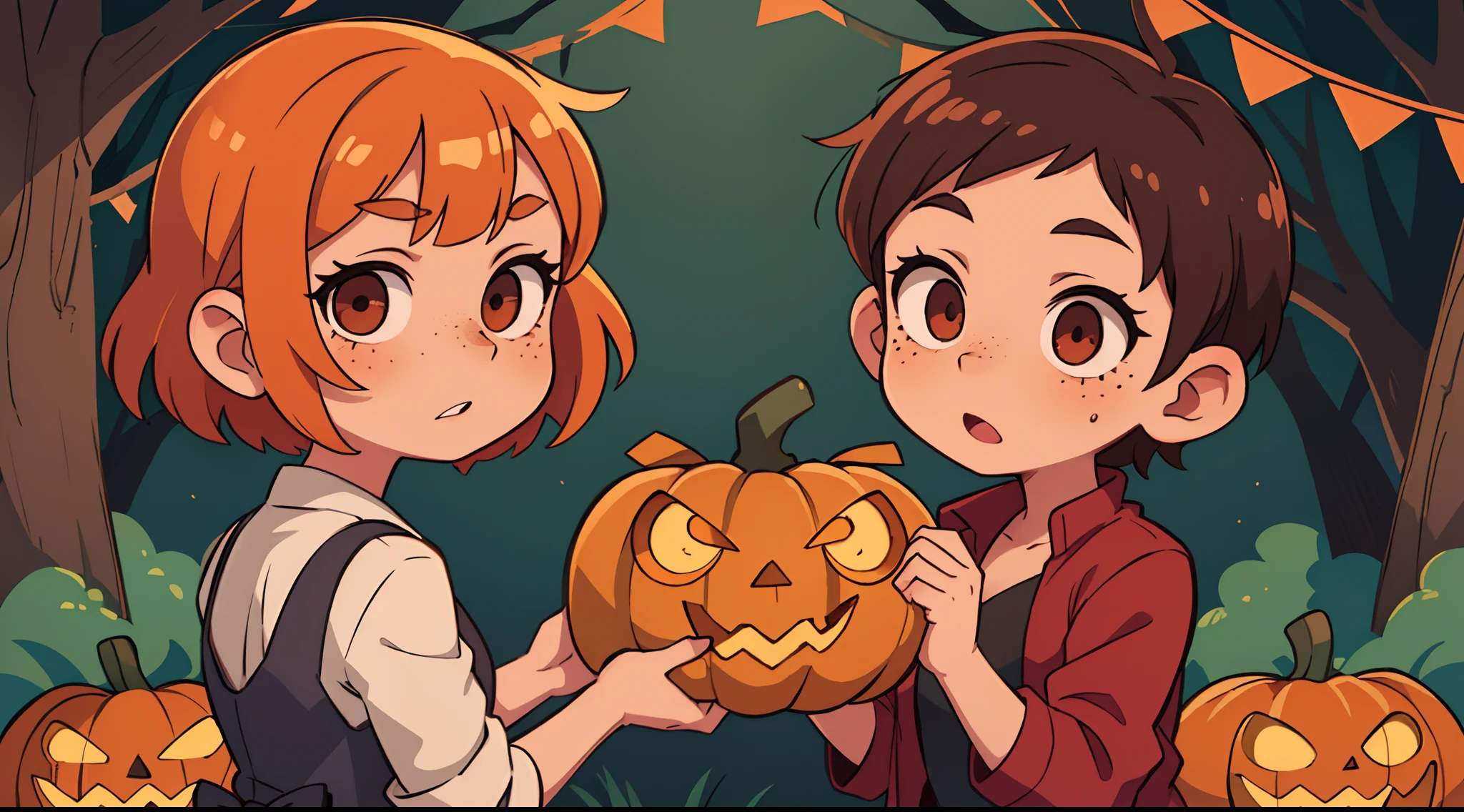 A girl, with brown short hair, The eyes are brown, freckles on her face, Halloween, Pumpkin