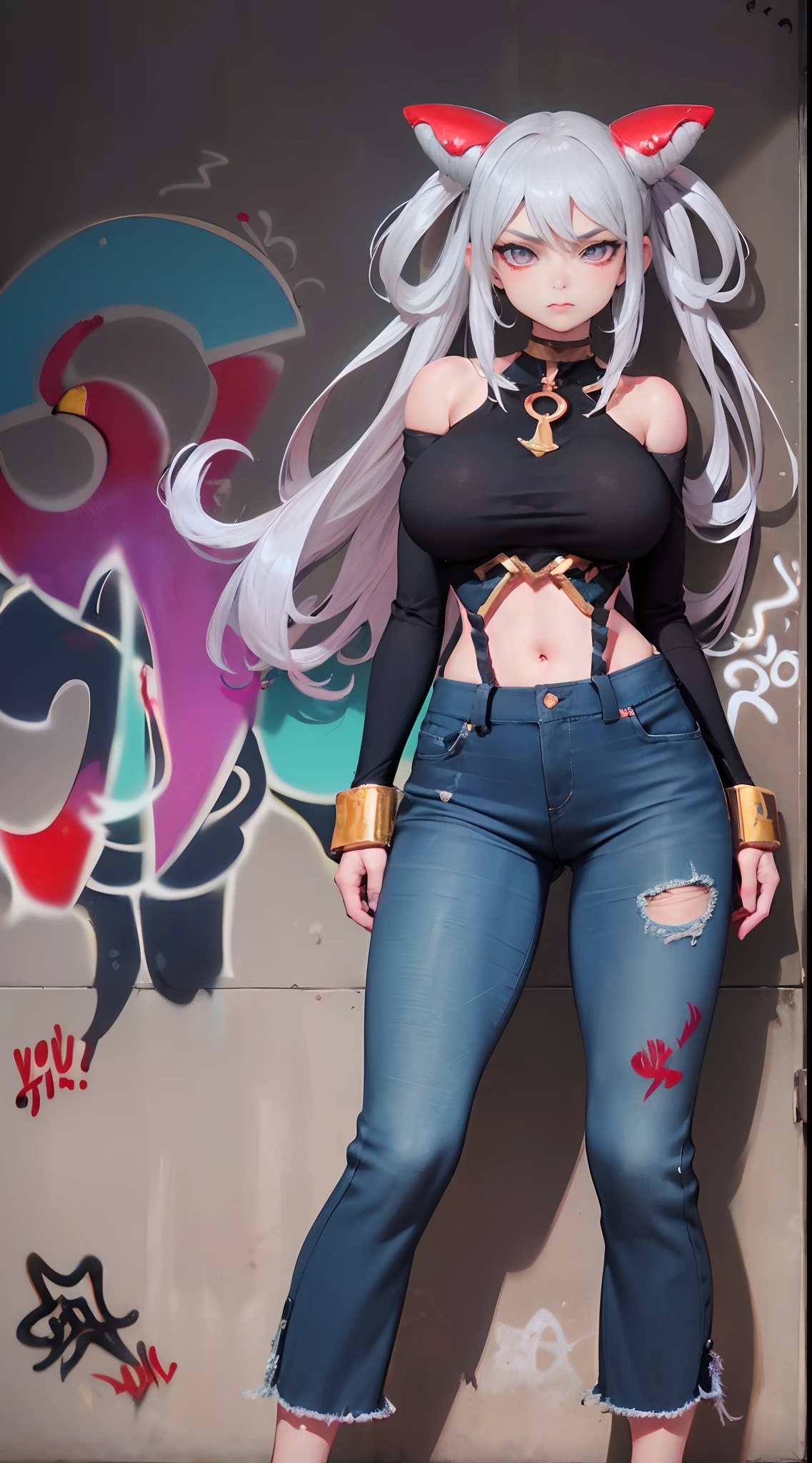 Qi|Arena of Valor, master-piece, bestquality, 1girls,25 years old, proportional body, elongated legs, Beautiful, proportional., crop top, Long Jeans, gigantic breasts, ,bara, crop top, choker, (Graffiti:1.5), Splash with purple lightning pattern., arm behind back, against wall, View viewers from the front., Thigh strap, Head tilt, bored,