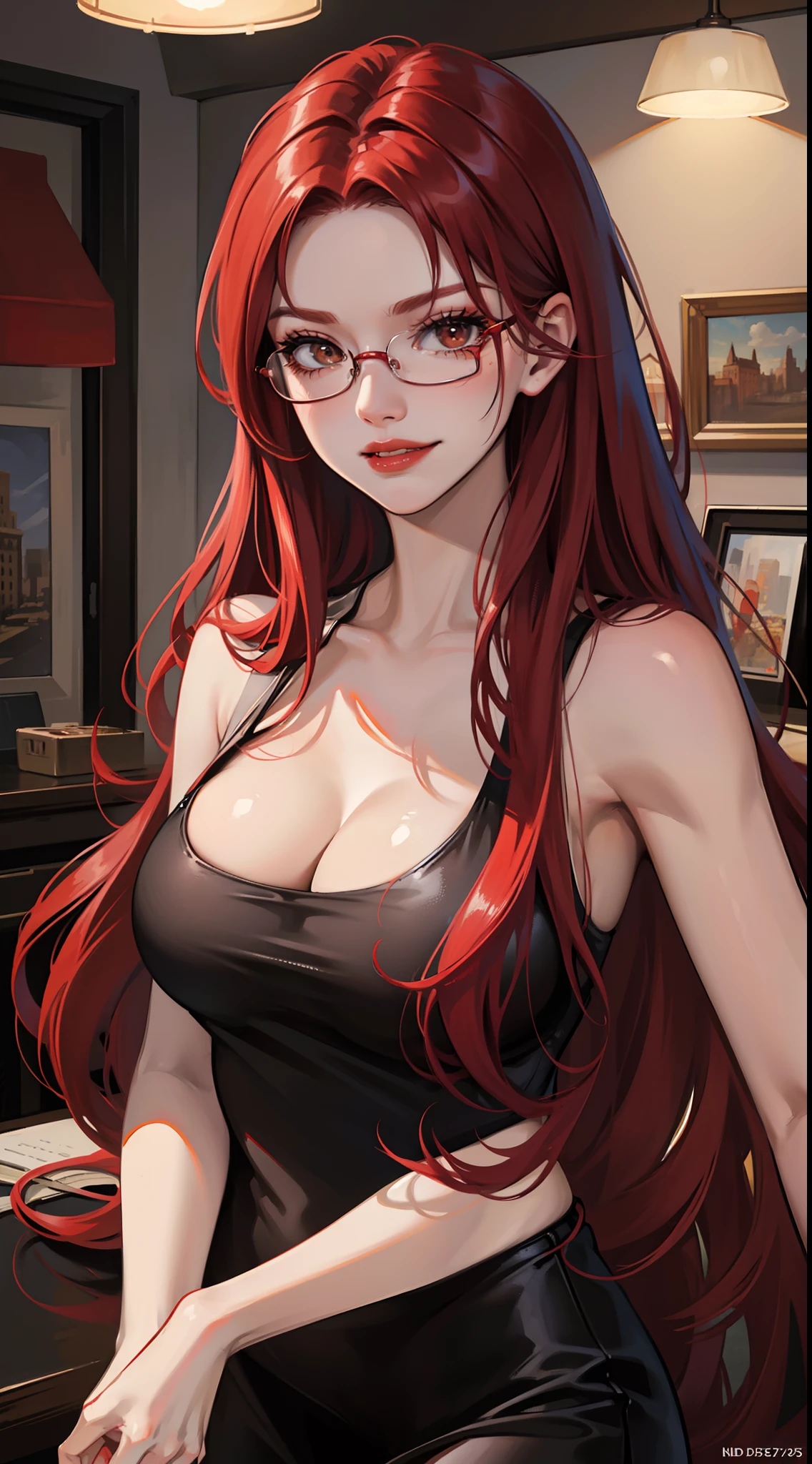 Adult woman, Long red hair, Brown eyes, eyeglasses, red lipstick, large breasts, Black Dense Overall Shape, evil, smirk, fetters, open breasts, Masterpiece, hiquality, 4k, HD, Good detail