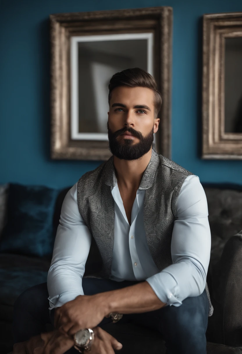 (Hombre ciberpunk con ropa elegante), ), (con una barba larga y llena,) (ojos azules) (retrato) Aspecto atractivo y serio, cabello azul oscuro, Elegante y elegante, y camiseta de cuerpo fuerte, (Imagen realista y de alta calidad), in the background Scandinavian apartment with designer furniture and blue wall color in the background, ((La mejor calidad, 8k, pieza maestra).