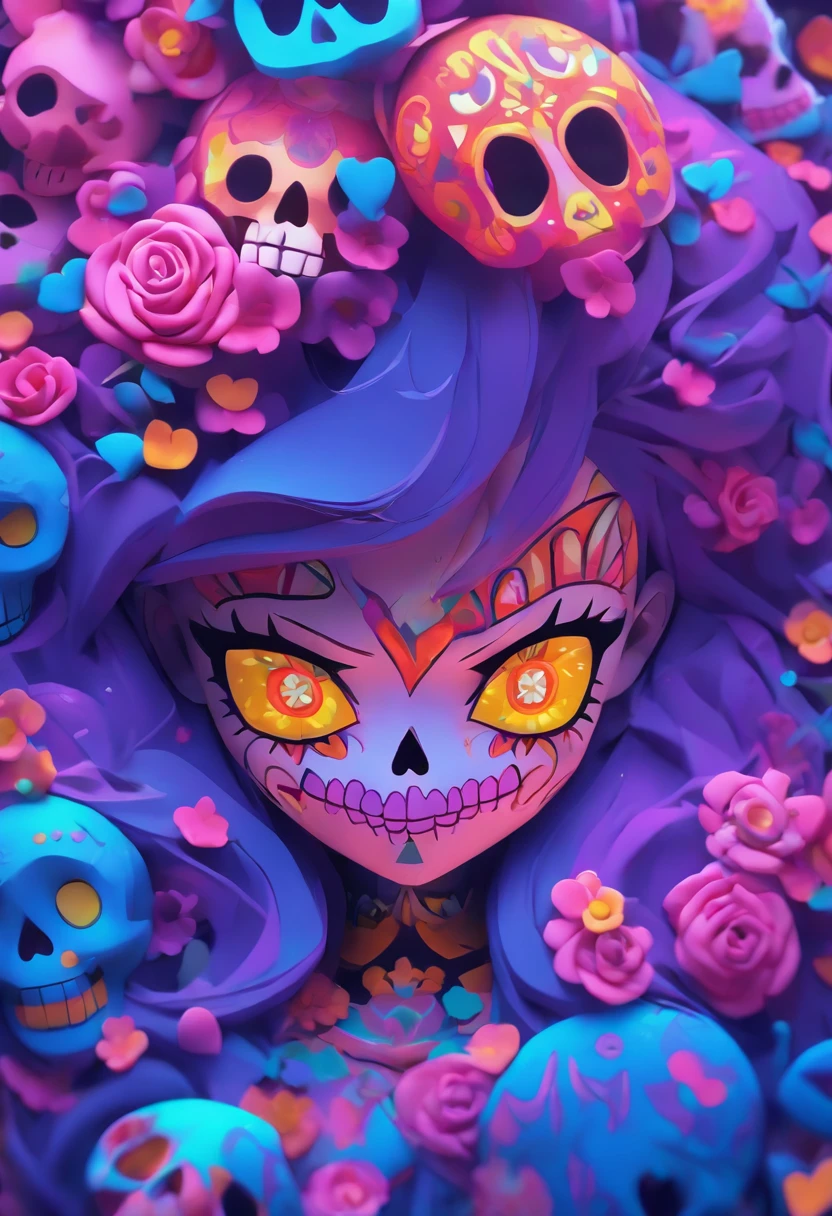 3d model of a girl with a sugar skull head, in the style of inventive character designs, close-up intensity, animated gifs, made of flowers, mexican muralism, playstation 5 screenshot, dark violet and white --ar 69:128 --s 750 --v 5.2