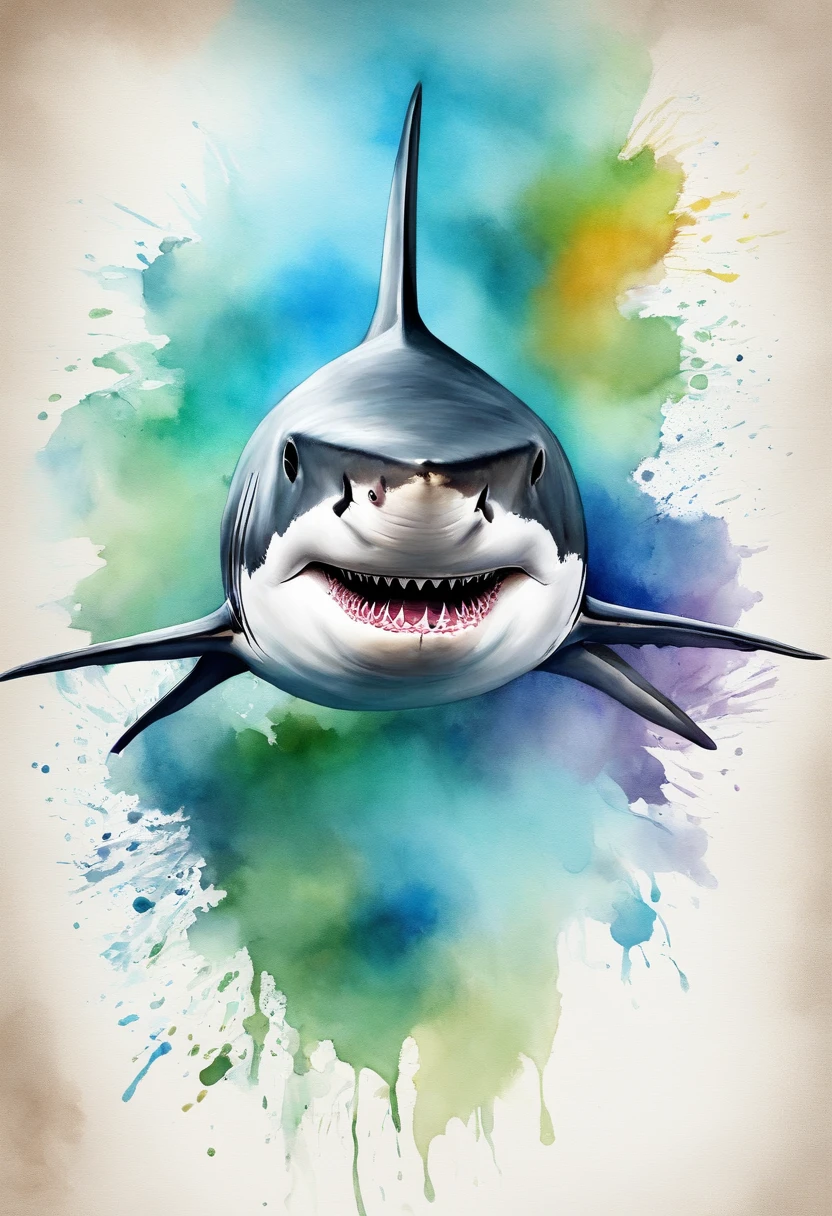 Laid back great white shark,Swim in the sea,Flick your tail,Curved body,Deep sea background,