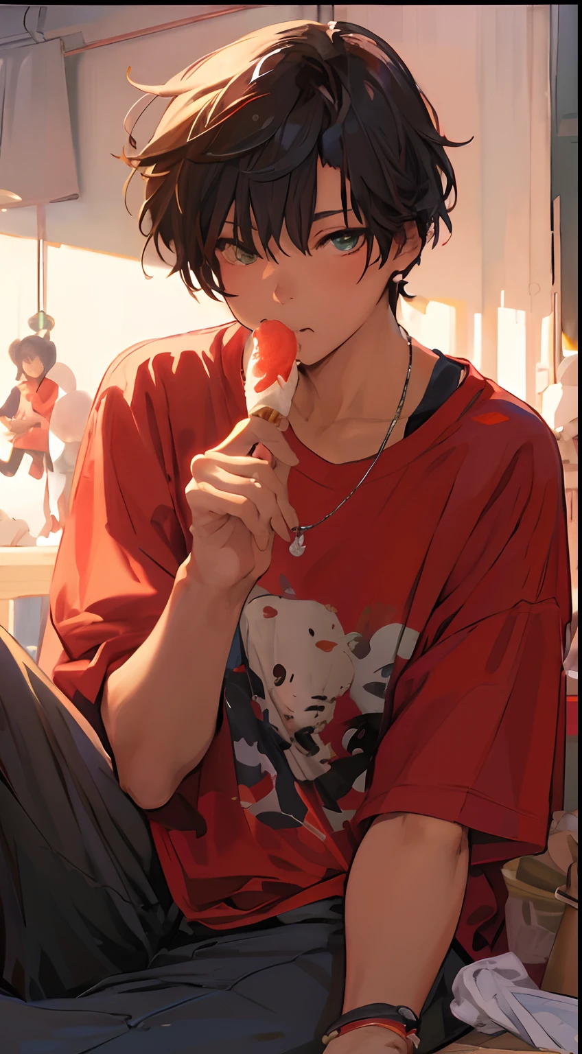 Anime woman sitting on a bench eating food, artwork in the style of guweiz, detailed fan art, eating ice - cream, high quality fan art, Eating ice cream, Anime woman, wearing a green t-shirt, Captain America shield on her t-shirt,  guweiz, shigenori soejima illustration, clean detailed anime art, highly detailed exquisite fanart, official fan art, guweiz on pixiv artstation, official illustrations