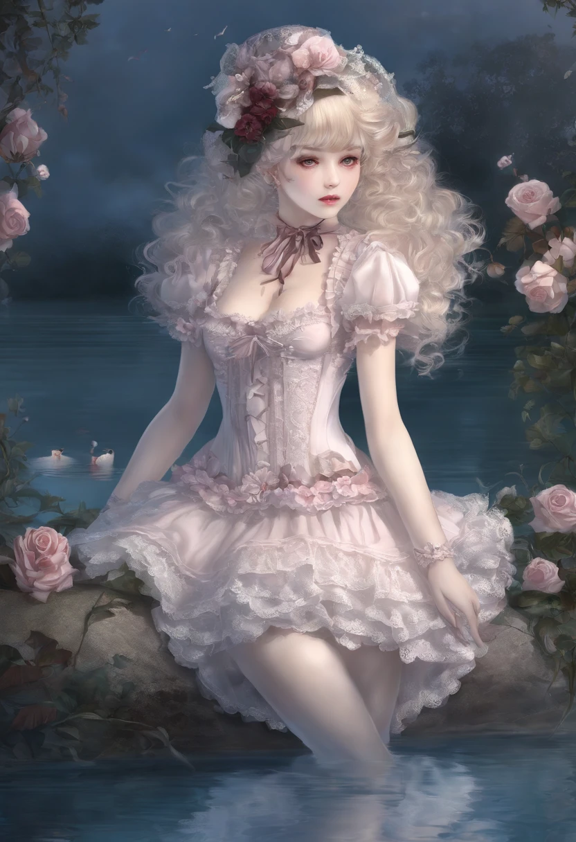 (lingerie:1.3), Takanobu Fujiwara(Takanobu Fujiwara)Digital rendering inspired by, pixiv, rococo, Victoria Gothic Lolita Fashion, Lolita Style,lolita fashion, one-piece,She is swimming in the lake,petticoat,zombie