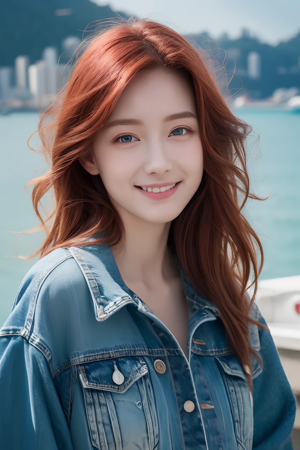 (((surrealism))),((Ray traching)), High detail,high qulity,super detailing,Red hair,mesmerizing eyes,largeeyes,faint blush,Sweet smile,messy  hair,perfect body figure,Denim clothes,realistic lens,Have by the sea,(Hong Kong breeze feeling),