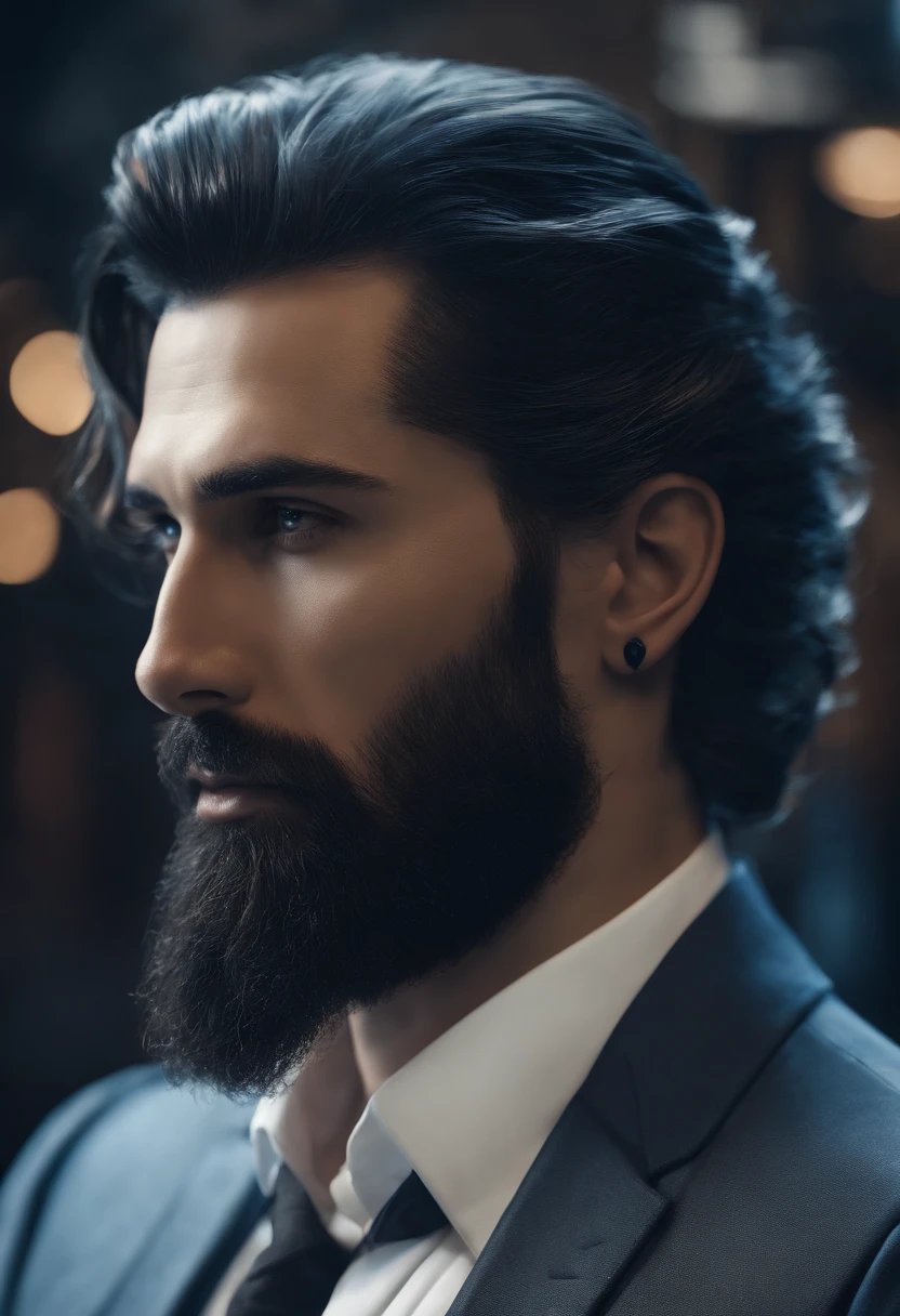 (Cyberpunk man in stylish clothes), (with a long and full beard,) (blue eyes) (portrait) Handsome and serious appearance, dark blue hair, Elegant and elegant, and strong body very formal white shirt, (Picture realistic and high quality), ((Best quality, 8k, master piece).
