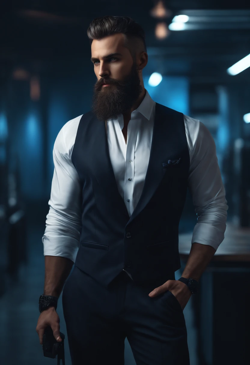 (Cyberpunk man in stylish clothes), (with a long and full beard,) (blue eyes) (portrait) Handsome and serious appearance, dark blue hair, Elegant and elegant, and strong body very formal white shirt, (Picture realistic and high quality), ((Best quality, 8k, master piece).