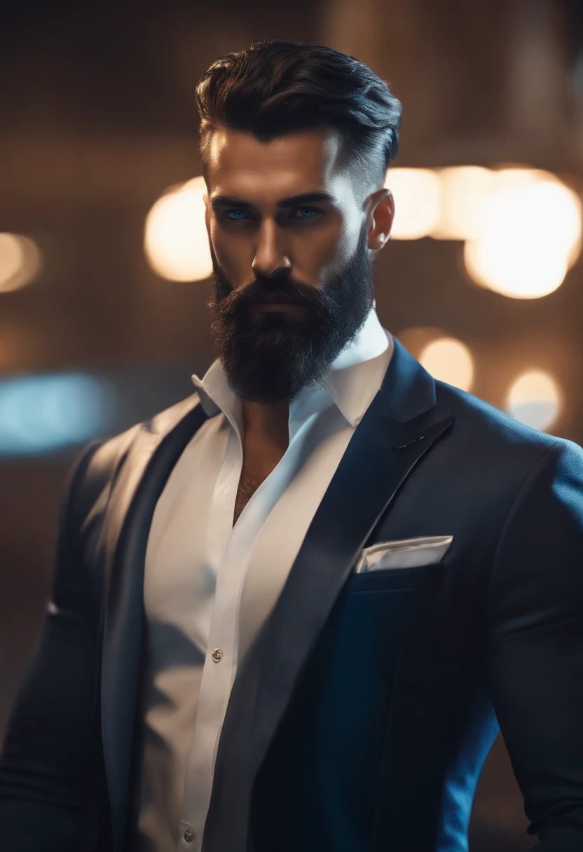 (Cyberpunk man in stylish clothes), (with a long and full beard,) (blue eyes) (portrait) Handsome and serious appearance, dark blue hair, Elegant and elegant, and strong body very formal white shirt, (Picture realistic and high quality), ((Best quality, 8k, master piece).