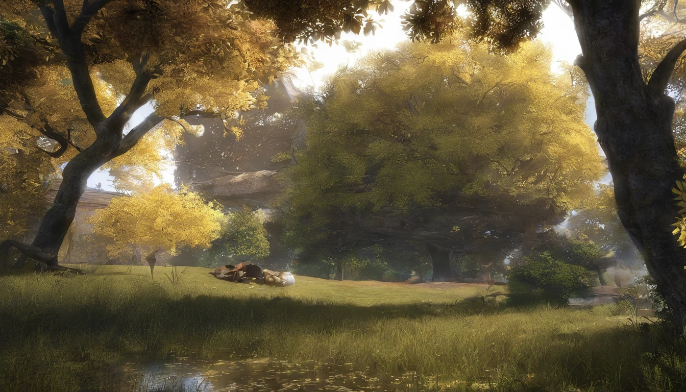 There is a gazebo by the meadow,The yellow gum tree next to it began to lose its leaves,Dead yellow leaves fall from the trees,Like a yellow butterfly falling from a tree in the autumn breeze,Falls on the grass,It seems to be sheltering the grass from the wind and rain。Next to the yellow gum tree,There is a small-leaved ficus tree,Still so green,It seems that he is not afraid of the cold at all。