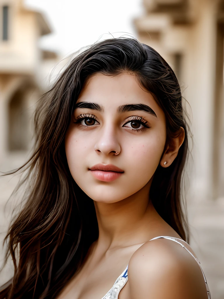 Realistic and detailed portrait of an Iraqi girl, attractive, , beautiful face, detailed face, RAW photo, Ultra realistic, head to chest, lips, collarbone, chest, eyes