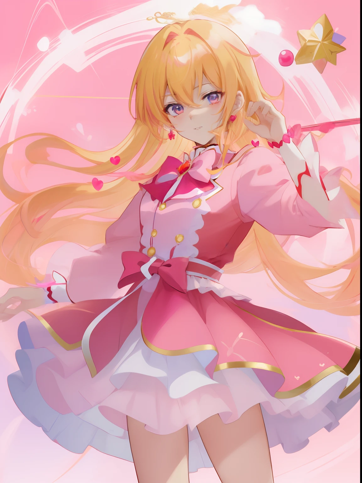 Anime boy in red dress with pink bow and pink heart, Portrait of a magical boy, Prince in anime, Magical Boy Anime Mahou Shōnen, Blonde long twin-tailed hair man, Candy Boy, Magical Boy, Dress Up Darling Anime, white glove, Magical Boy Style, Cool, marin kitagawa fanart, official artwork