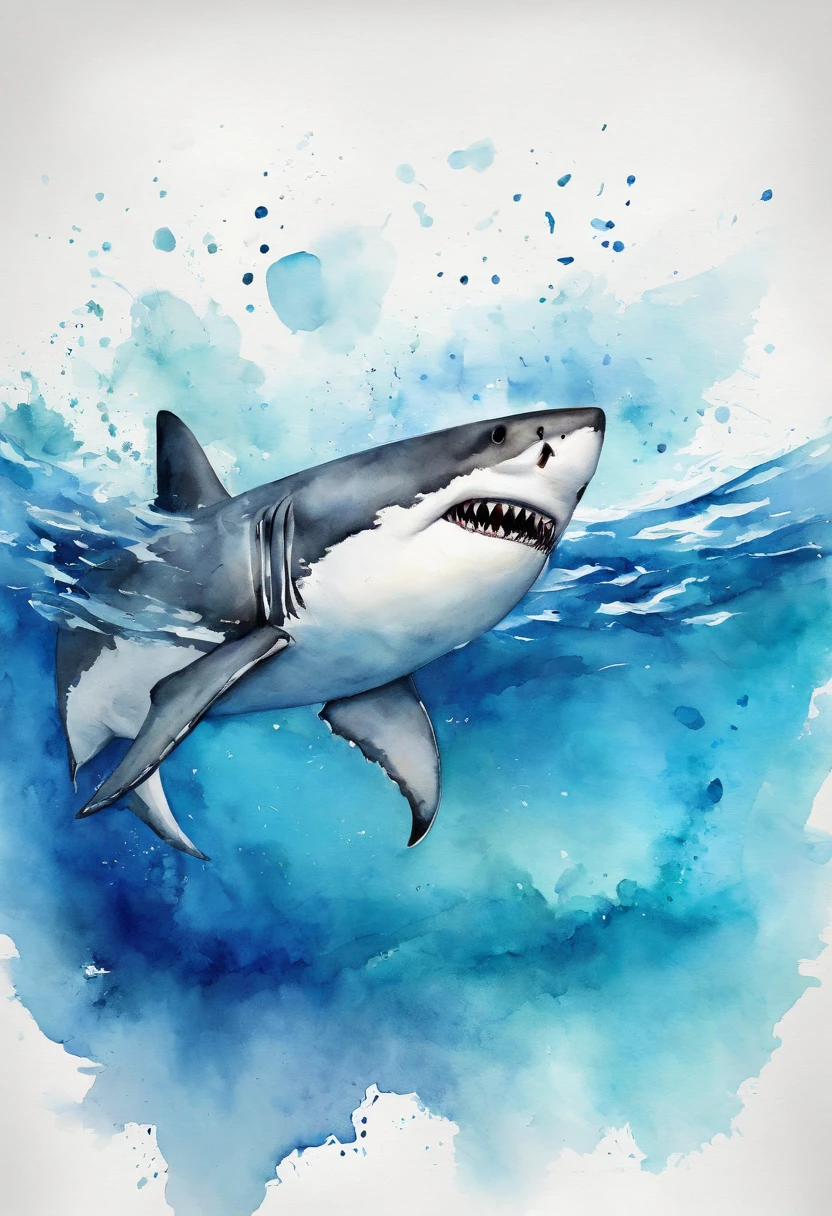 Laid back great white shark,Swim in the sea,Flick your tail,Curved body,C-shaped body,Deep sea background,Blue base