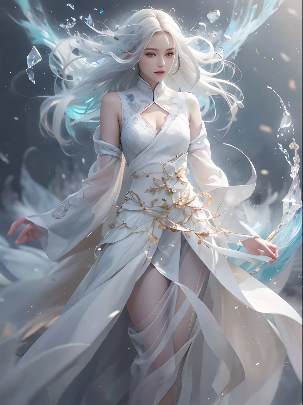 （tmasterpiece，top-quality，optimum，offcial art，Beautiful and aesthetic，Long exposure：1.2），Smooth movement，Charming Patterns， 1 rapariga，（Long skirt with sleeves：1.3），(((white  clothes)))，upperbody closeup，No shoulders，ChineseGirl，Blushlush，Black lob hair， sportrait，独奏，The upper part of the body，Gaze the observer，detailedbackground，Detailed face，(crystallineAI, crystalline theme:1.1)，Elemental Wind Elves，Swirling wind，Control the wind，White crystal clothes，dynamicposes，particles floating，Ethereal power，whirly，vaporous，Whirlwind in the background，White tones，whirly，Ethereal atmosphere，White stockings