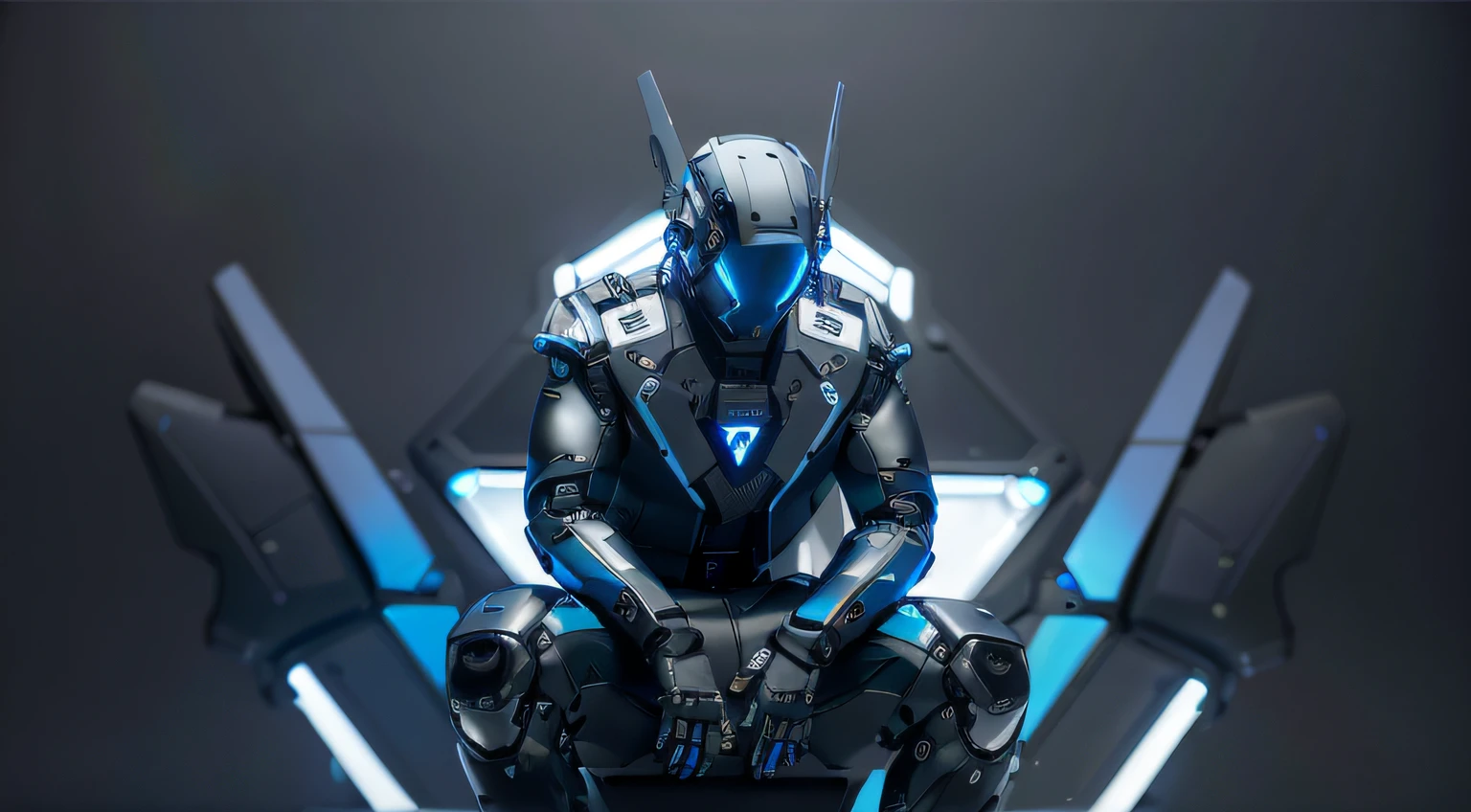 masterpiece, best quality, a close up of a futuristic looking cyborg man with a fantastic cyberhelmet head with blue triangle led lights and a halo, wearing a blue techwear jacket, robot waist, robotic six pack, robotic belly, full body, sitting position. Dark background. Night, black background. neon blue butterfly wings leds. robot waist, robotic six-pack abs. robotic belly. full body. sitting position.