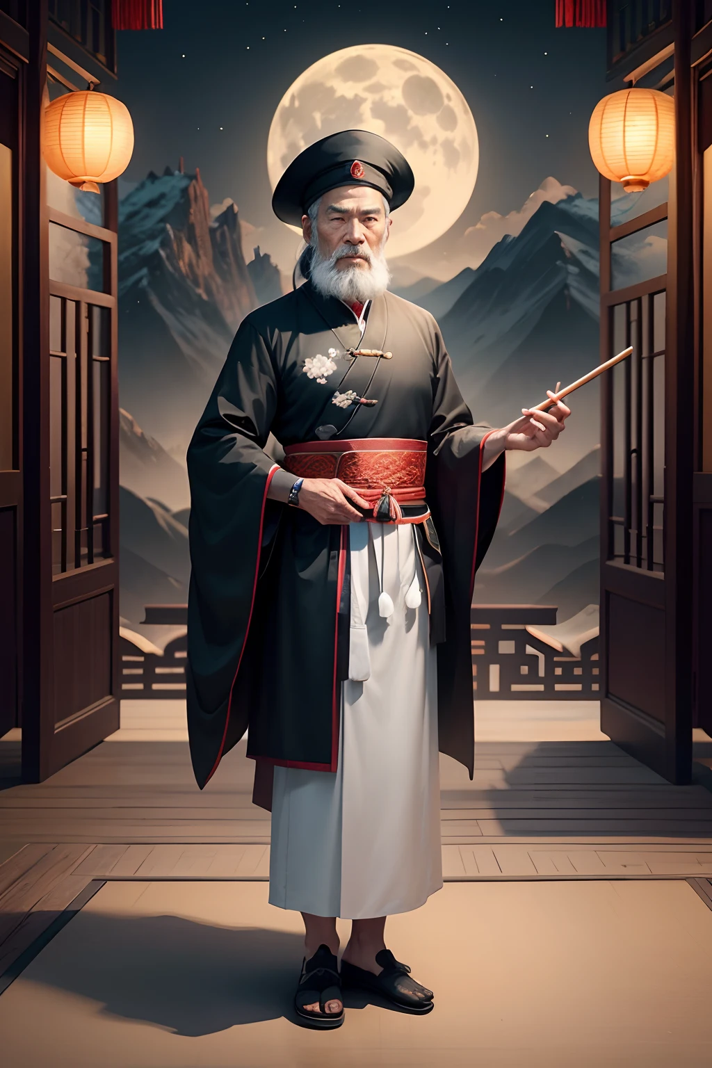 Mid-Autumn Festival，Chinese Ancient Times, Wearing a black gauze hat，An old man, Asian people，gray hair and beard, Black eyes，Brush in hand，Thin body, Weakness of the body，standing on your feet, Mountains and moon in the background，His eyes looked firmly into the sky, dressed white hanfu, There is no pattern，China-style, first person perspective, Masterpiece, ccurate, Anatomically correct, Super detail，There are verses in front，Inspired by Wu Daoren，Mid-Autumn Festival elements