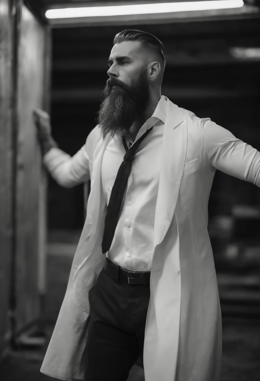 (Cyberpunk man in stylish clothes), (with a long and full beard,) (blue eyes) (portrait) Handsome and serious appearance, dark blue hair, Elegant and elegant, and strong body very formal white shirt, (Picture realistic and high quality), ((Best quality, 8k, master piece).
