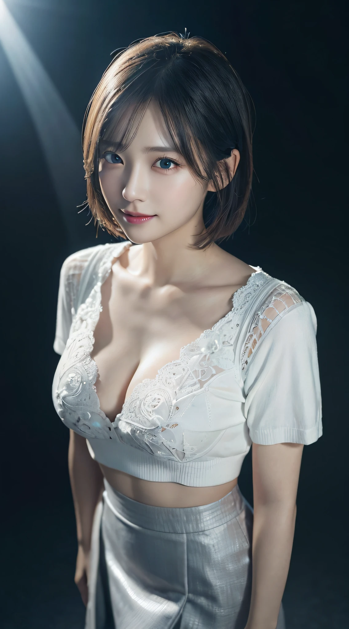 Innocent 20 year old girl、((White Y-shirt、Gray skirt, Dramatic poses)),Smile,short-cut、Modern Office、Raw photo, (8K、top-quality、masterpiece:1.2)、(intricate detailes:1.4)、(Photorealsitic:1.4)、octane renderings、Complex 3D rendering ultra detail, Studio Soft Light, Rim Lights, vibrant detail, super detailing, realistic skin textures, Detail Face, Beautiful detail eyes, Very detailed CG Unity 16k wallpaper, make - up, (detailedbackground:1.2), shinny skin, Full body、cleavage of the breast,((Angle from above))