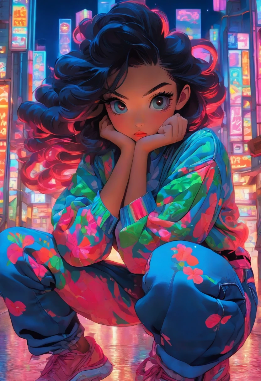 a beautiful asian model in jeans at night, in the style of casey weldon, detailed attention to costume and fashion, poolcore, resin, aurorapunk, kieron gillen, cute and colorful --ar 69:128 --s 750 --v 5.2