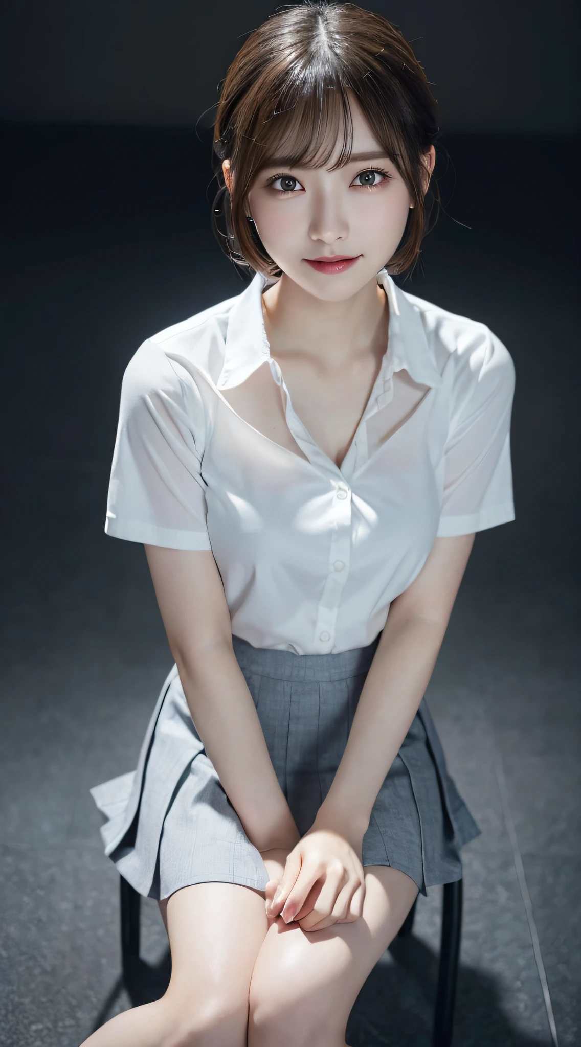 Innocent 20 year old girl、((White Y-shirt、School uniform skirt、Plain grey skirt, Dramatic poses)),Smile,short-cut、Modern room、Raw photo, (8K、top-quality、masterpiece:1.2)、(intricate detailes:1.4)、(Photorealsitic:1.4)、octane renderings、Complex 3D rendering ultra detail, Studio Soft Light, Rim Lights, vibrant detail, super detailing, realistic skin textures, Detail Face, Beautiful detail eyes, Very detailed CG Unity 16k wallpaper, make - up, (detailedbackground:1.2), shinny skin, Full body、cleavage of the breast,((Angle from above,sit a chair))