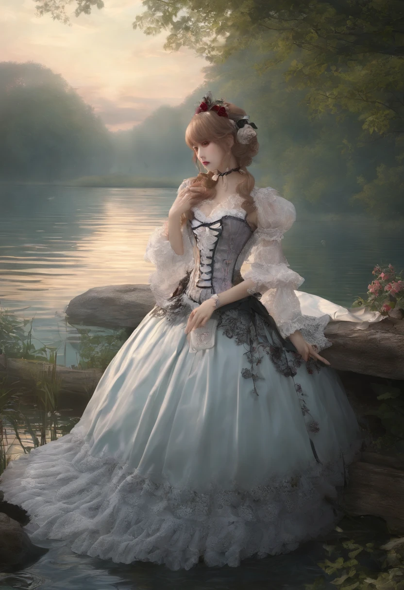 (lingerie:1.3), Takanobu Fujiwara(Takanobu Fujiwara)Digital rendering inspired by, pixiv, rococo, Victoria Gothic ta Fashion, Lolityle,lolita fon, one-piece,She is swimming in the lake,petticoat,zombie