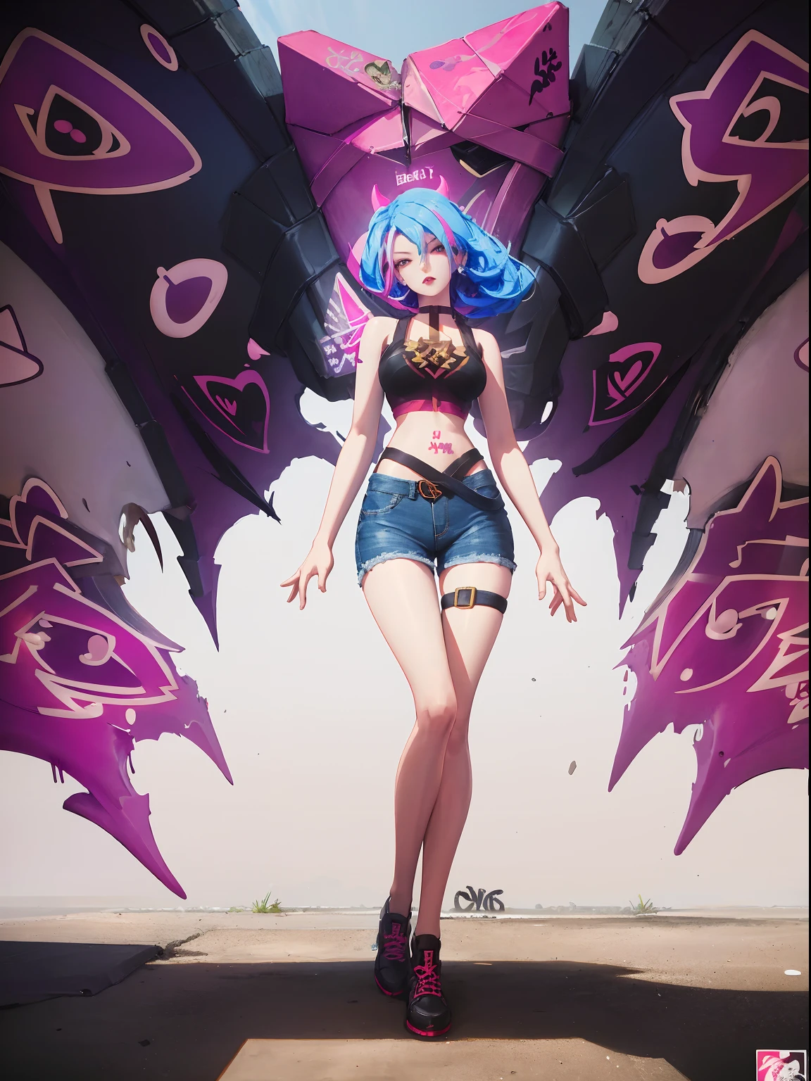 Veera|Arena of Valor, master-piece, bestquality, 1girls,25 years old, It has demonic wings on its back.., proportional body,proportional., crop top, Long Jeans, gigantic breasts, ,bara, crop top, choker, (Graffiti:1.5), Splash with purple lightning pattern., arm behind back, against wall, View viewers from the front., Thigh strap, Head tilt, bored,