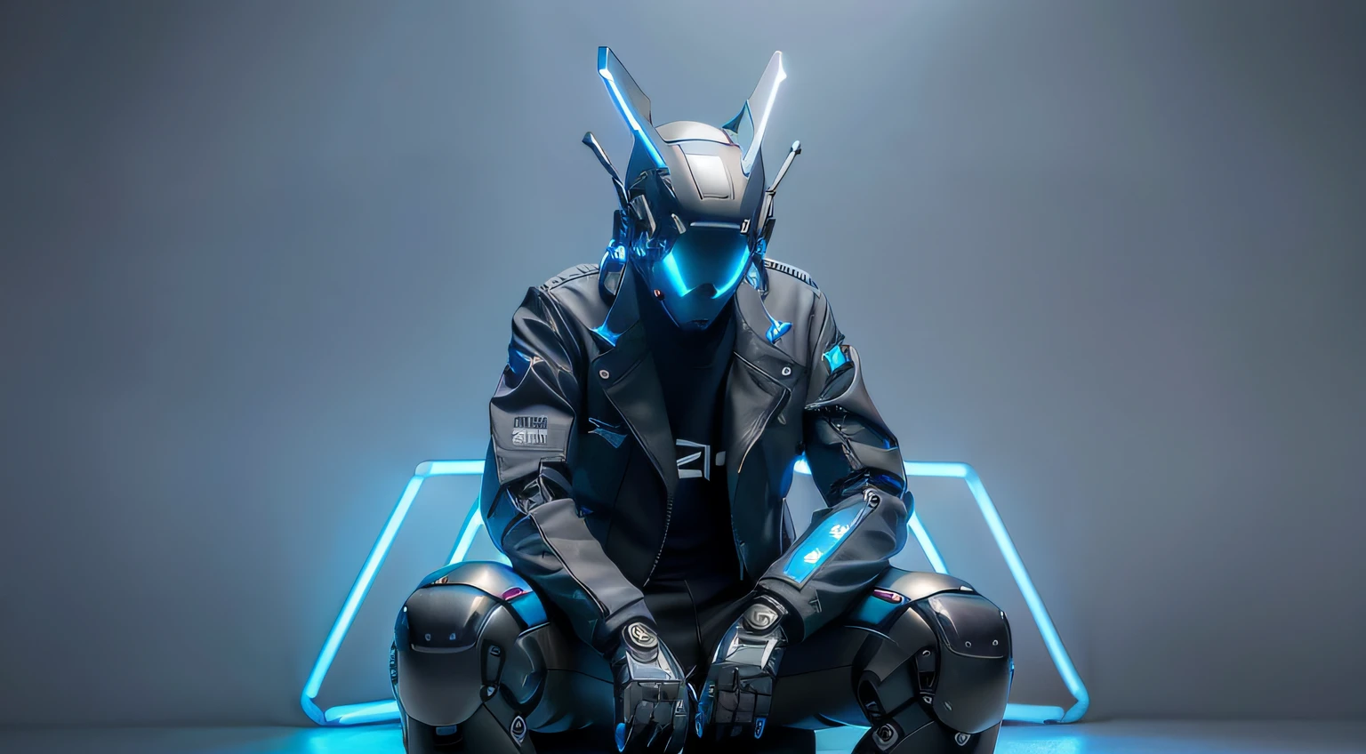 masterpiece, best quality, a close up of a futuristic looking cyborg man with a fantastic cyberhelmet head with blue triangle led lights and a halo, wearing a blue techwear jacket, robot waist, robotic six pack, robotic belly, full body, sitting position. Dark background. Night, black background. neon blue butterfly wings leds. robot waist, robotic six-pack abs. robotic belly. full body. sitting position.