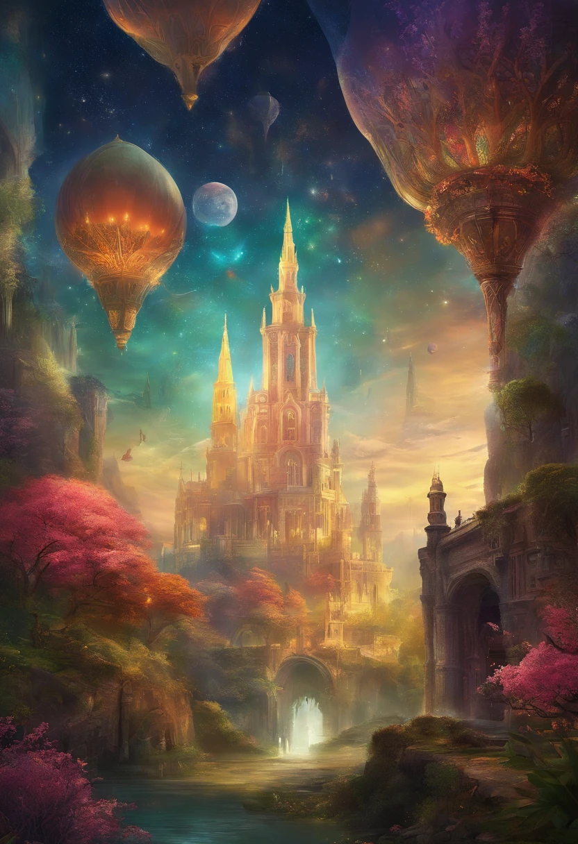 uma cidade celestial com toda sua magnitude, com castelos, pontes e lagos, com jardins magnificos, um lugar celestial,morada de Deuses, com colunas gregas, estilo cidade de Sevilha na espanha