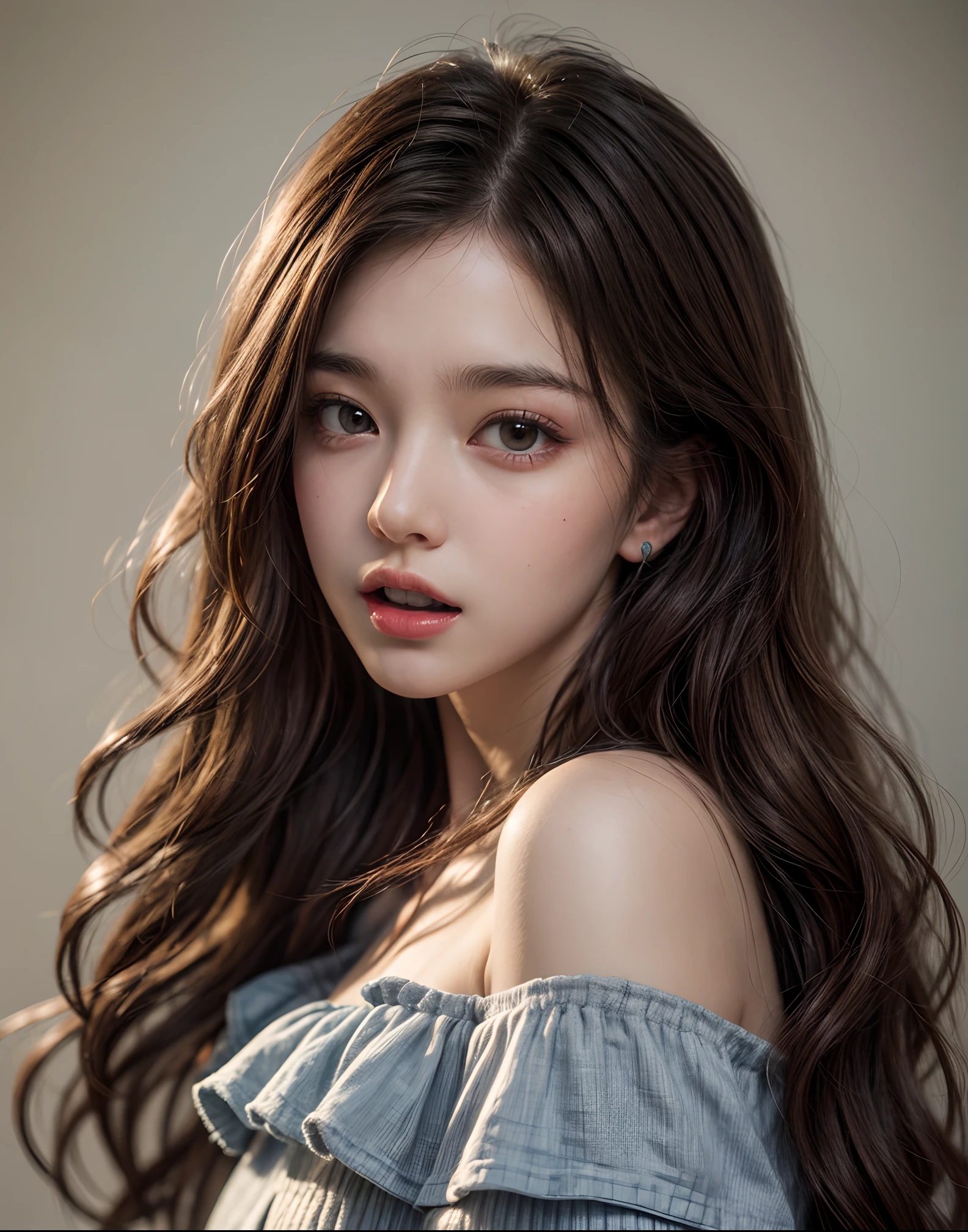 Girl wearing, luxury black coat, shoulder length hair, wavy hair, glowing skin, star in eye, red lips, grey background, cute poses , upper body, light blonde hair.