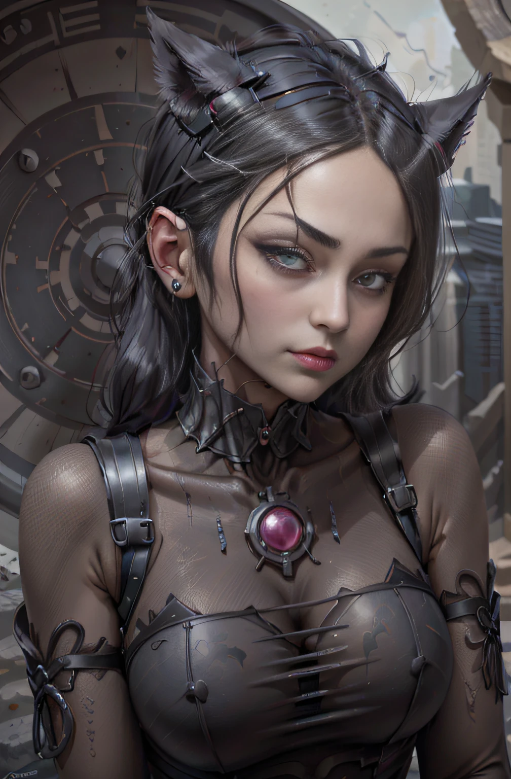 Black hair, hair bobbles, wince, long eyelasher, solid circle eyes, Ear blush, Fang, surrealism, shadowing, anaglyph, tachi-e, angle of view, Atmospheric perspective, 8K, Super detail, ccurate, Best quality,clothes see-through