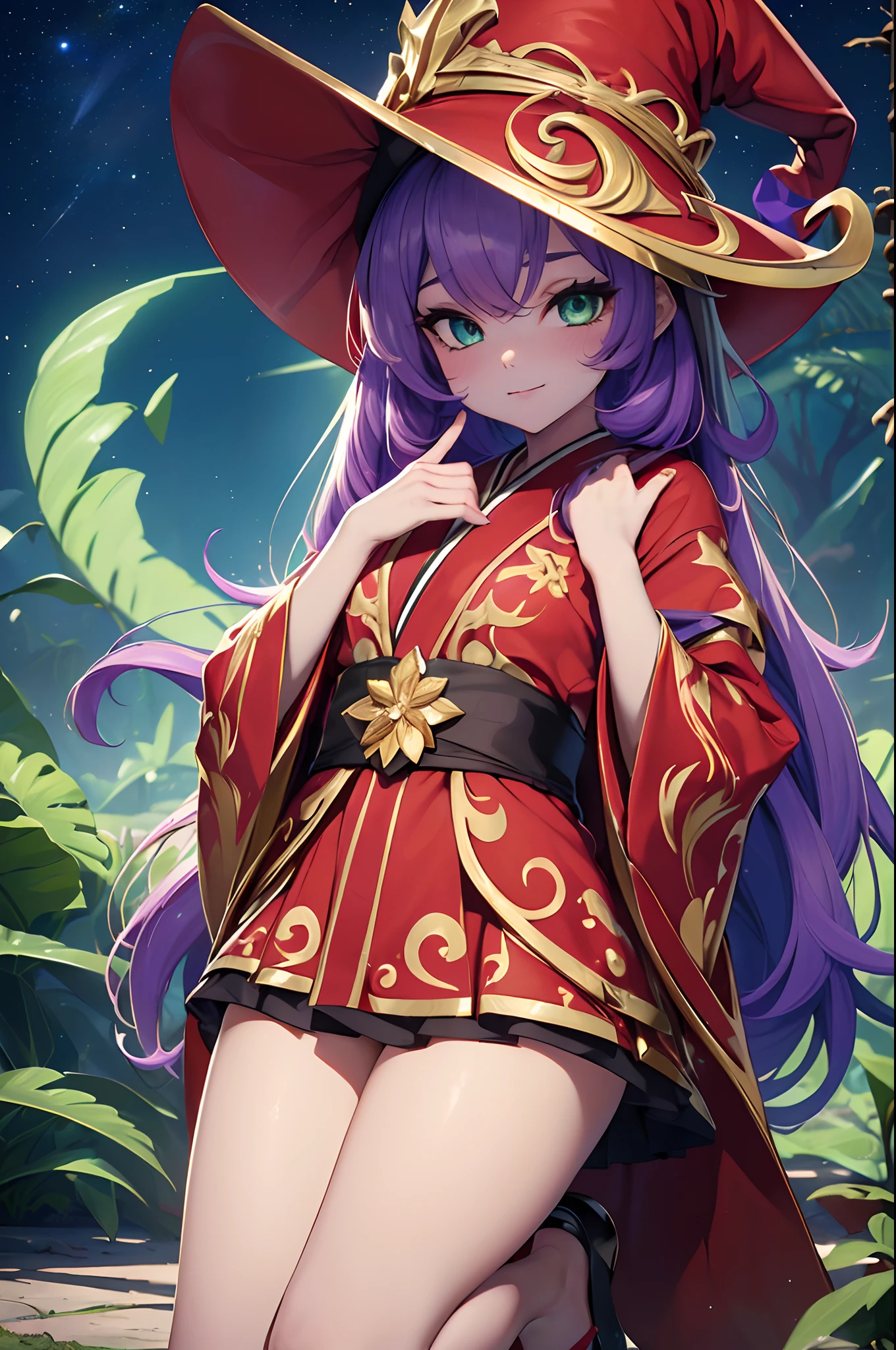 ((masterpiece)), melhor qualidade, Ultra high resolution, (fotorrealista: 1.4), (obra-prima, melhor qualidade,(1 menina), ((Lulu)) \(League of Legends\) kimono vermelho com detalhes douradis, joias, illustration, gargantilha, estrela \(simbol\), uma borboleta roxa, olhos verdes, olhos brilhantes, cabelo roxo, cabelo roxo, cabelos longos, brincos, kimono vermelho, vestido vermelho e dourado, joias de outo, Red and gold witch hat, paisagem, noite, magia, elegante, gueixa, olhar gentil, templo, floresta, ahegao, feets, pele lilas, olhos verdes, olhos detalhados, outono, folhas de outono, kid girl