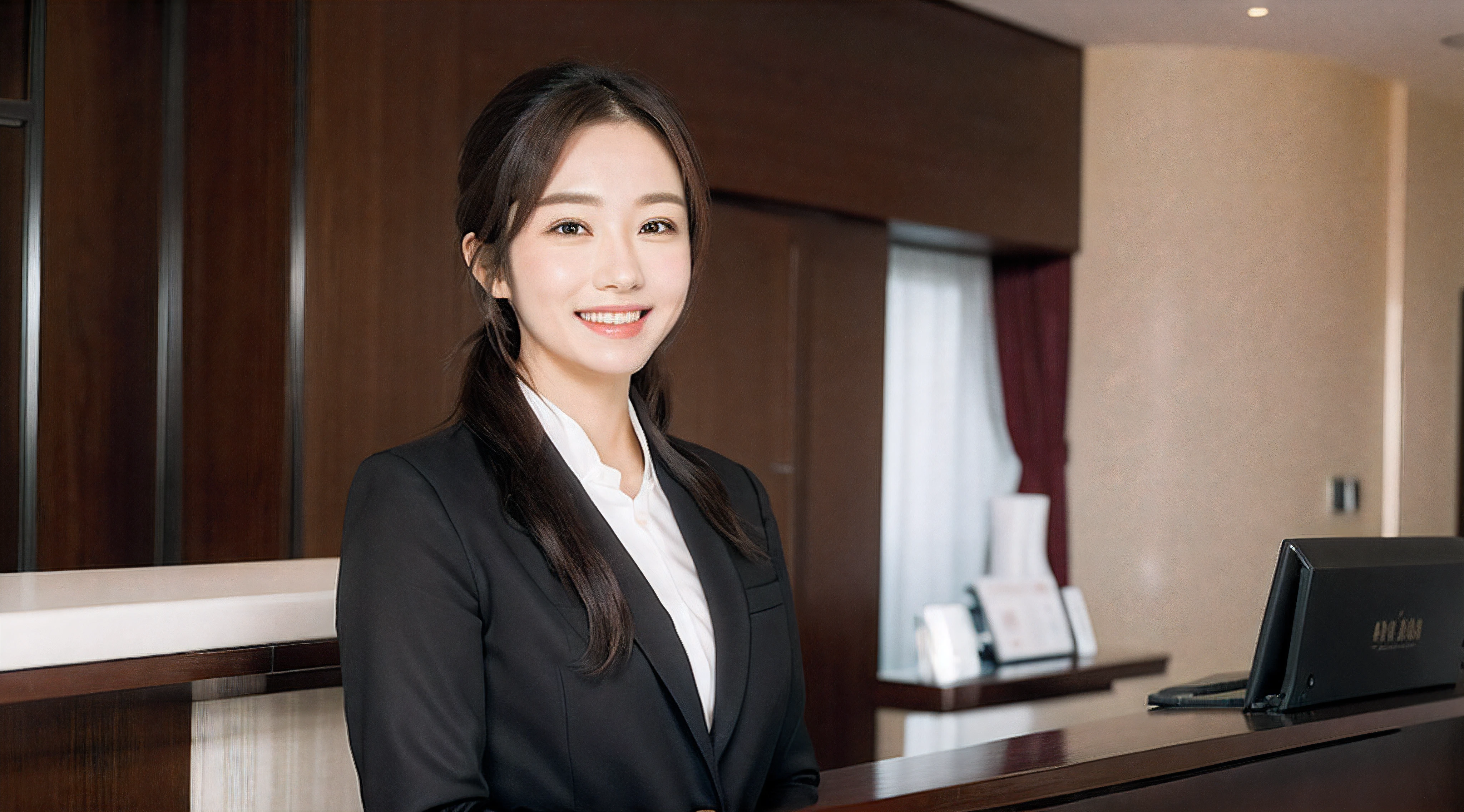 Hotel reception、face forcus、Female front desk staff,Black jacket、Pink Button Shirt、a picture、A detailed face、Detailed lips、A detailed eye、a smile