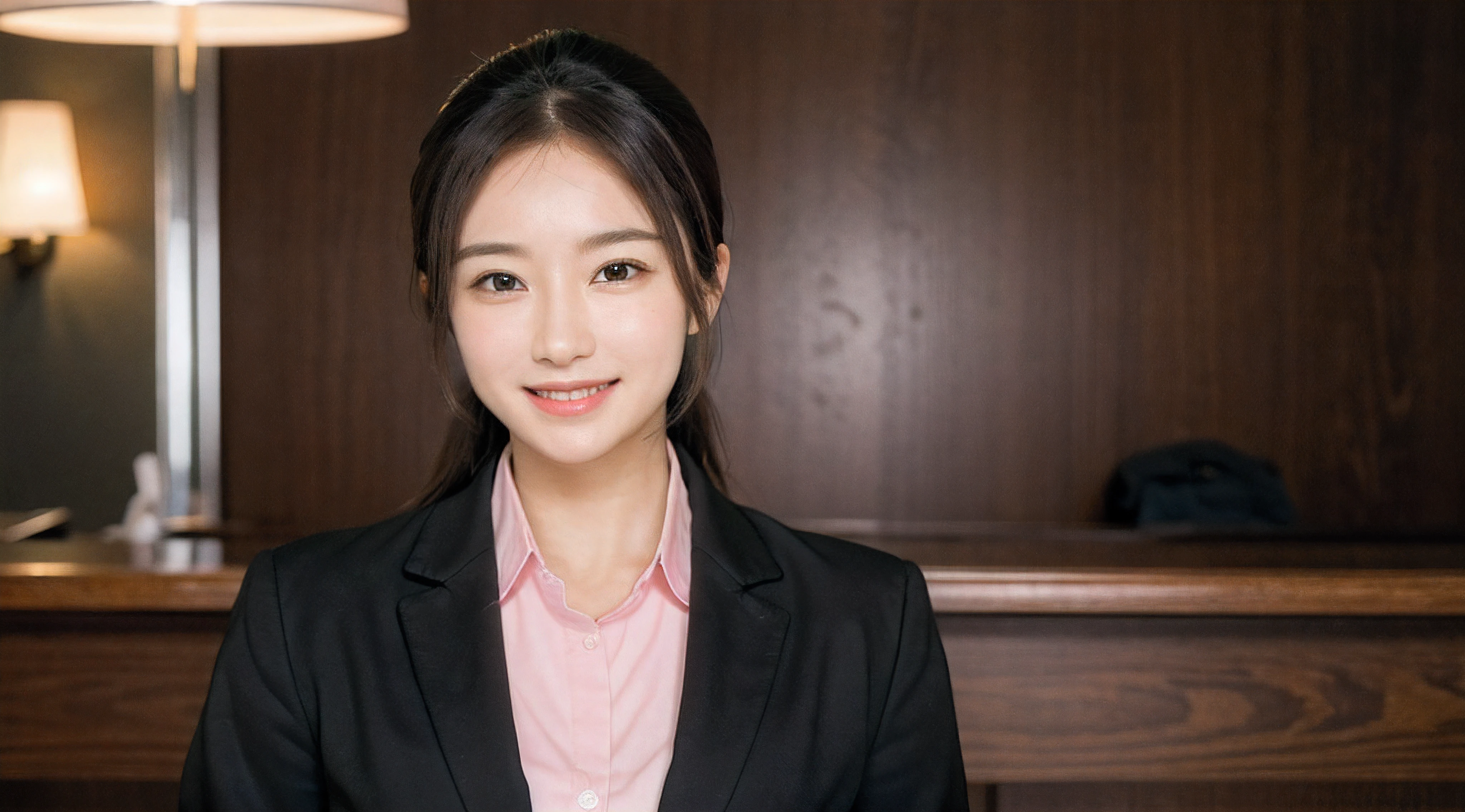 Hotel reception、face forcus、Female front desk staff,Black jacket、Pink Button Shirt、a picture、A detailed face、Detailed lips、A detailed eye、a smile